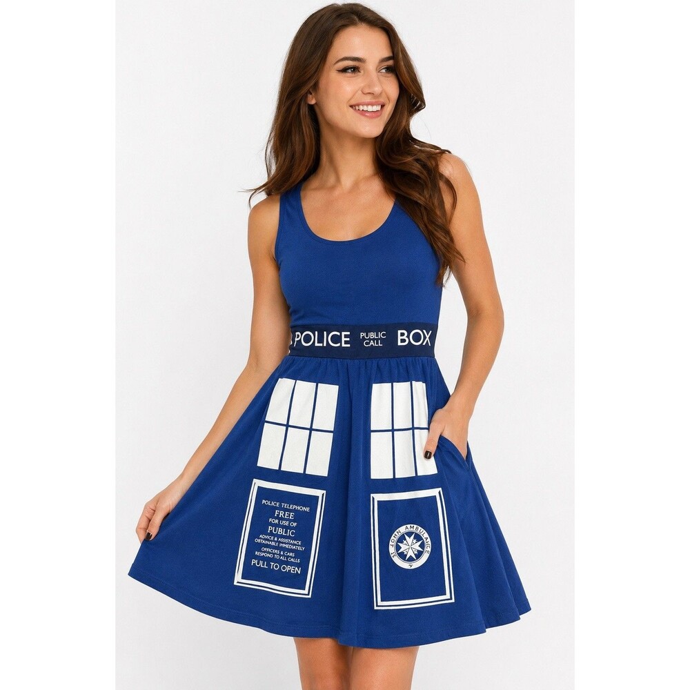 Women’s Her Universe Dr. Who Blue Tardis Skater Tank Dress Size Medium